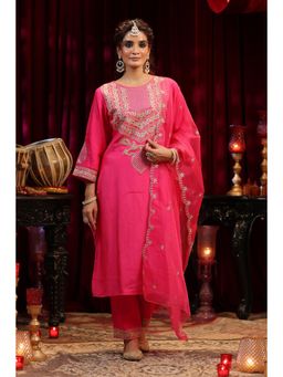 Scakhi - Pink Dupion Silk Dori-Zari Embroidered Kurta with Pant and Dupatta
