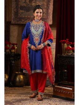 Scakhi - Blue Dupion Silk Dori Embroidered Anarkali with Salwar and Dupatta