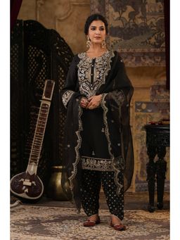 Scakhi - Black Chanderi Silk Dori-Gota Embroidered Kurta with Salwar and Dupatta