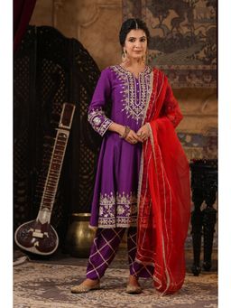 Scakhi - Purple Dupion Silk Gota-Dori Work Anarkali with Salwar and Dupatta