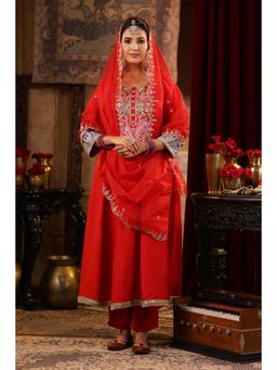 Scakhi - Red Dupion Silk Dori-Gota Work Anarkali with Pant and Dupatta