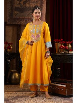 Scakhi - Yellow Dupion Silk Dori-Gota Work Anarkali with Pant and Dupatta