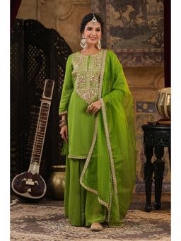 Scakhi - Green Georgette Gota Patti Work Kurta with Sharara and Dupatta