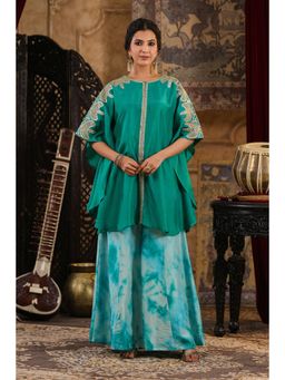 Scakhi - Teal Dupion Silk Dori-Gota Work Kaftan and Palazzo