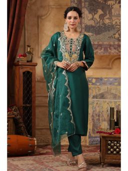 Scakhi - Dark Green Dupion Silk Embroidered Kurta with Pant and Dupatta