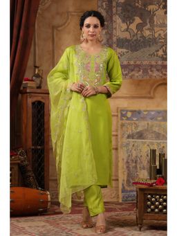 Scakhi - Lime Green Dupion Silk Embroidered Kurta with Pant and Dupatta