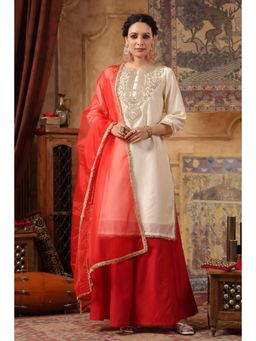Scakhi - Ivory Dupion Silk Embroidered Kurta with Palazzo and Dupatta