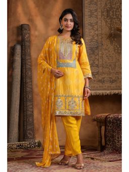 Scakhi - Mustard Bandhani Printed Embroidered Kurta with Pant and Dupatta