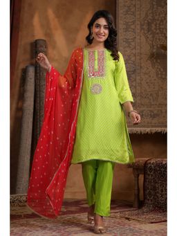 Scakhi - Lime green Fuchsia Bandhani Printed Embroidered Kurta with Pant and Dupatta
