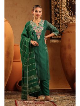 Scakhi - Green Mul Chanderi Embroidered Straight Kurta with Pant and Dupatta