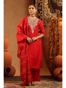 Scakhi - Red Mul Chanderi Embroidered Straight Kurta with Pant and Dupatta