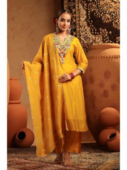 Scakhi - Yellow Mul Chanderi Embroidered Straight Kurta with Pant and Dupatta