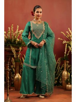 Scakhi - Green Organza Silk Zari Embroidered Kurti with Sharara and Dupatta