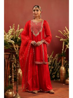Scakhi - Red Organza Silk Zari Embroidered Kurti with Sharara and Dupatta