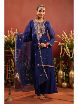 Scakhi - Blue Organza Silk Embroidered Kurti with Sharara and Dupatta