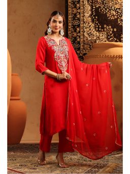 Scakhi - Red Russian Silk Embroidered Straight Kurta with Pant and Dupatta