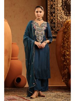 Scakhi - Teal Russian Silk Embroidered Straight Kurta with Pant and Dupatta