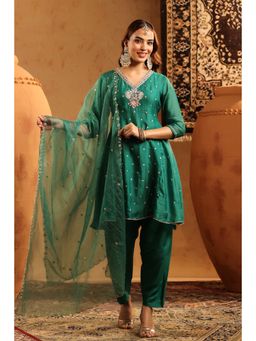 Scakhi - Green Organza Silk Embroidered Anarkali Kurta with Salwar and Dupatta