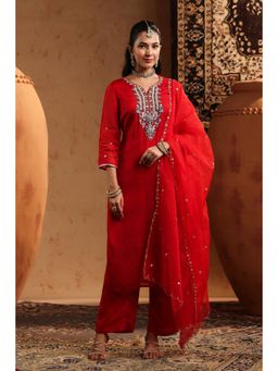 Scakhi - Red Organza Silk Embroidered Straight Kurta with Pant and Dupatta