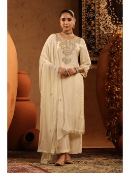 Scakhi - Ivory Shimmer Tissue Embroidered Straight Kurta with Pant and Dupatta