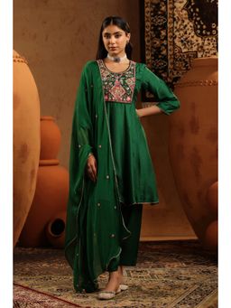 Scakhi - Green Silk Embroidered Anarkali Kurta with Salwar and Dupatta