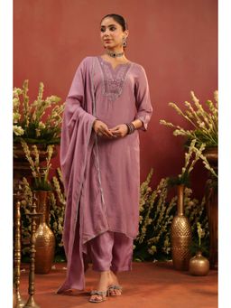 Scakhi - Lavender Mul Chanderi Straight Kurta with Pant and Dupatta