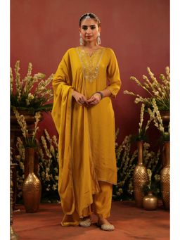Scakhi - Mustard Mul Chanderi Embroidered Straight Kurta with Pant and Dupatta