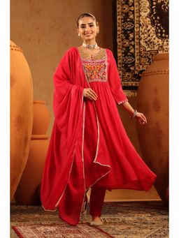 Scakhi - Red Mul Chanderi Anarkali Kurta with Pant and Dupatta