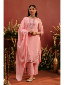 Scakhi - Pink Mul Chanderi Embroidered Straight Kurta with Pant and Dupatta