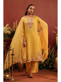 Scakhi - Yellow Mul Chanderi Floral Embroidered Straight Suit Set