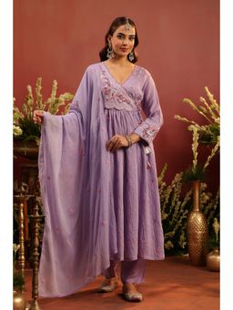 Scakhi - Lavender Mul Chanderi Embroidered Angrakha with Pant and Dupatta