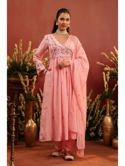 Scakhi - Pink Mul Chanderi Embroidered Angrakha with Pant and Dupatta