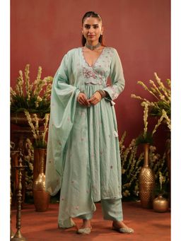 Scakhi - Sea Green Mul Chanderi Embroidered Angrakha with Pant and Dupatta