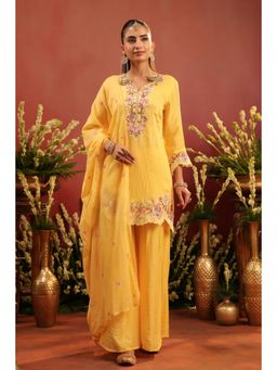Scakhi - Yellow Mul Chanderi Embroidered Kurti with Sharara and Dupatta