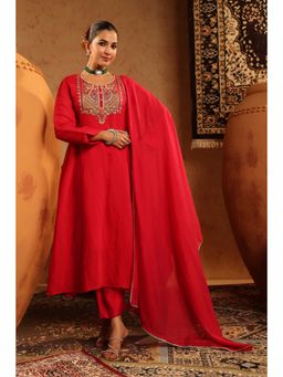 Scakhi - Red Mul Chanderi Embroidered Anarkali Kurta with Pant and Dupatta