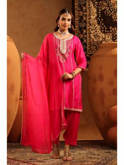 Scakhi - Pink Silk Straight Kurta with Pant and Dupatta
