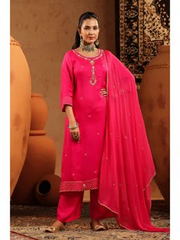 Scakhi - Pink Silk Embroidered Straight Kurta with Pant and Dupatta