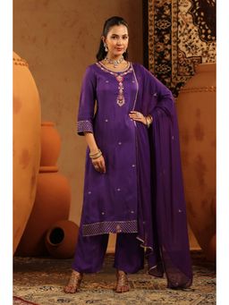 Scakhi - Purple Silk Embroidered Straight Kurta with Pant and Dupatta