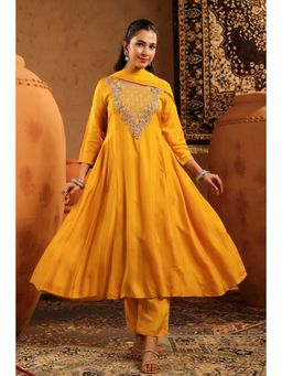 Scakhi - Mustard Silk Embroidered Anarkali Kurta with Pant and Dupatta