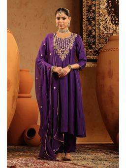 Scakhi - Purple Silk Embroidered Anarkali Kurta with Pant and Dupatta