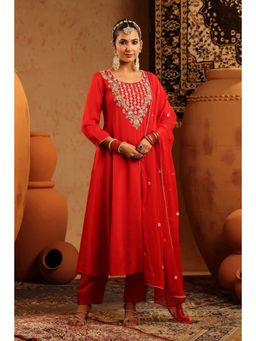 Scakhi - Red Silk Embroidered Anarkali Kurta with Pant and Dupatta