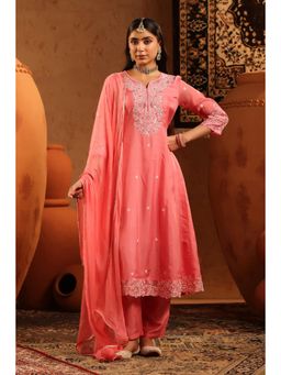 Scakhi - Mauve Silk Thread Work Anarkali Kurta with Pant and Dupatta