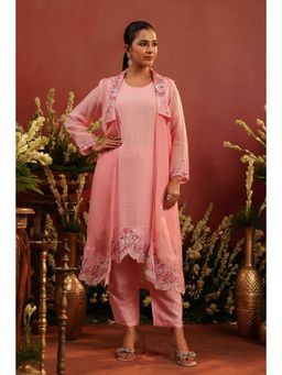 Scakhi - Pink Organza Silk Embroidered Kurta with Pant and Jacket