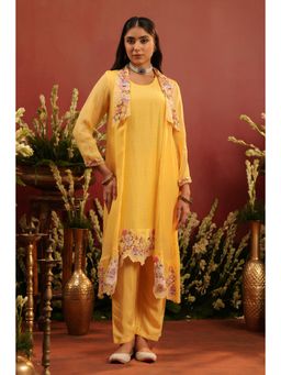 Scakhi - Yellow Organza Silk Embroidered Kurta with Pant and Jacket