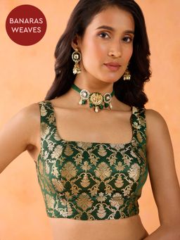 Gajra Gang - Banaras Brocade Green Square Neck Blouse GGBBBL02