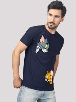 Greylongg - Men Round Neck Navy Blue T-Shirt