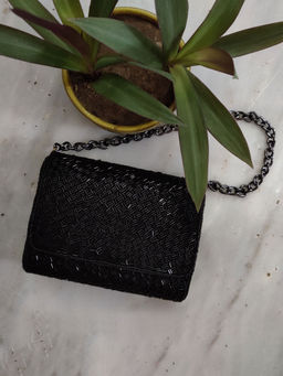 A Clutch Story - Black Bugle Beads Flap Clutch
