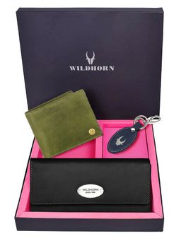 WILDHORN - Premium Leather Ladies Wallet, Mens Wallet and Keychain Gift -1K_BK_2052GNH_K (Set of 3)