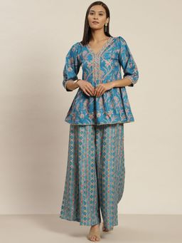 Jaipur Kurti - Blue Viscose Rayon Blend Digital Printed Peplum Top And Palazzo Co-ord (Set of 2)