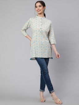 Jaipur Kurti - White & Blue Printed Cotton Straight Short Kurti